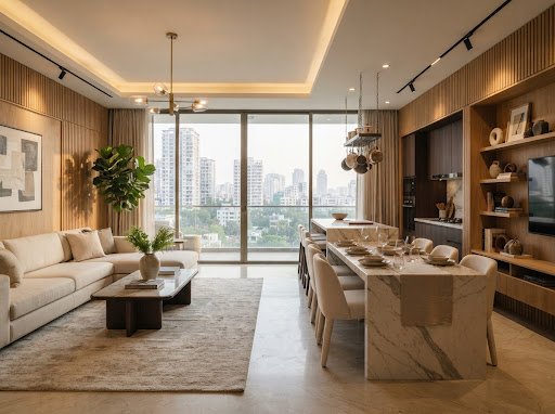Interior study with warm timber, layered lighting and natural textures
