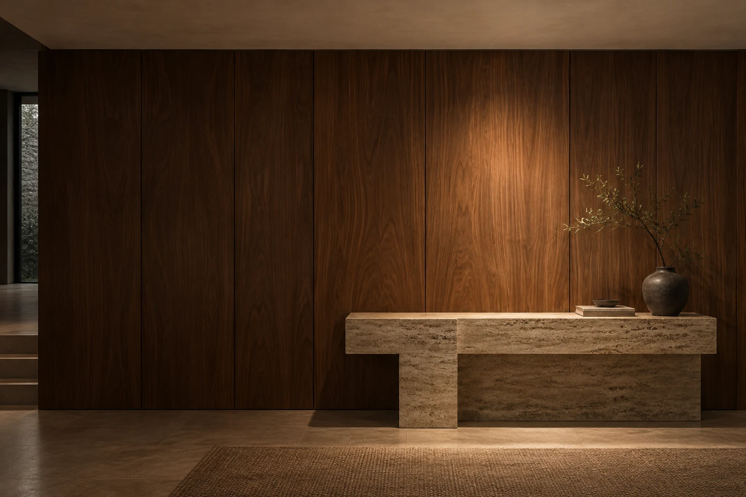 Walnut wall and sculptural travertine console with a ceramic vase